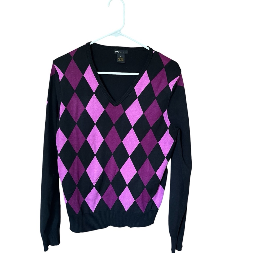 Grace Elements Women Top Sweater, large, checkered pattern, long sleeve, v-neck